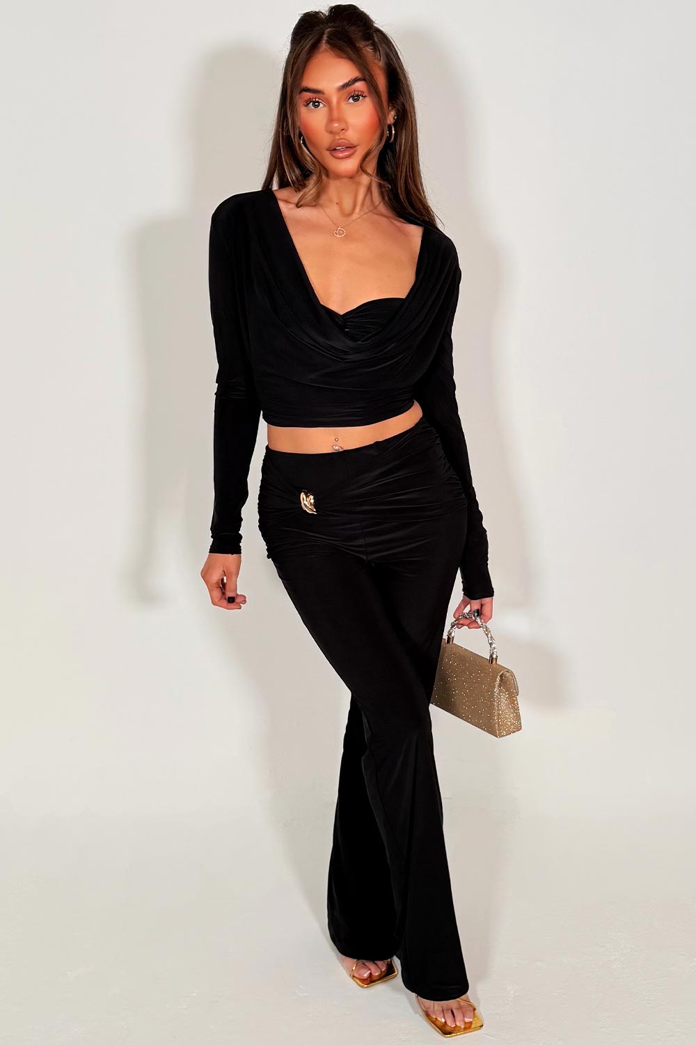long sleeve cut out top and skinny flare trouser two piece co ord set black night out occasion outfit styledup