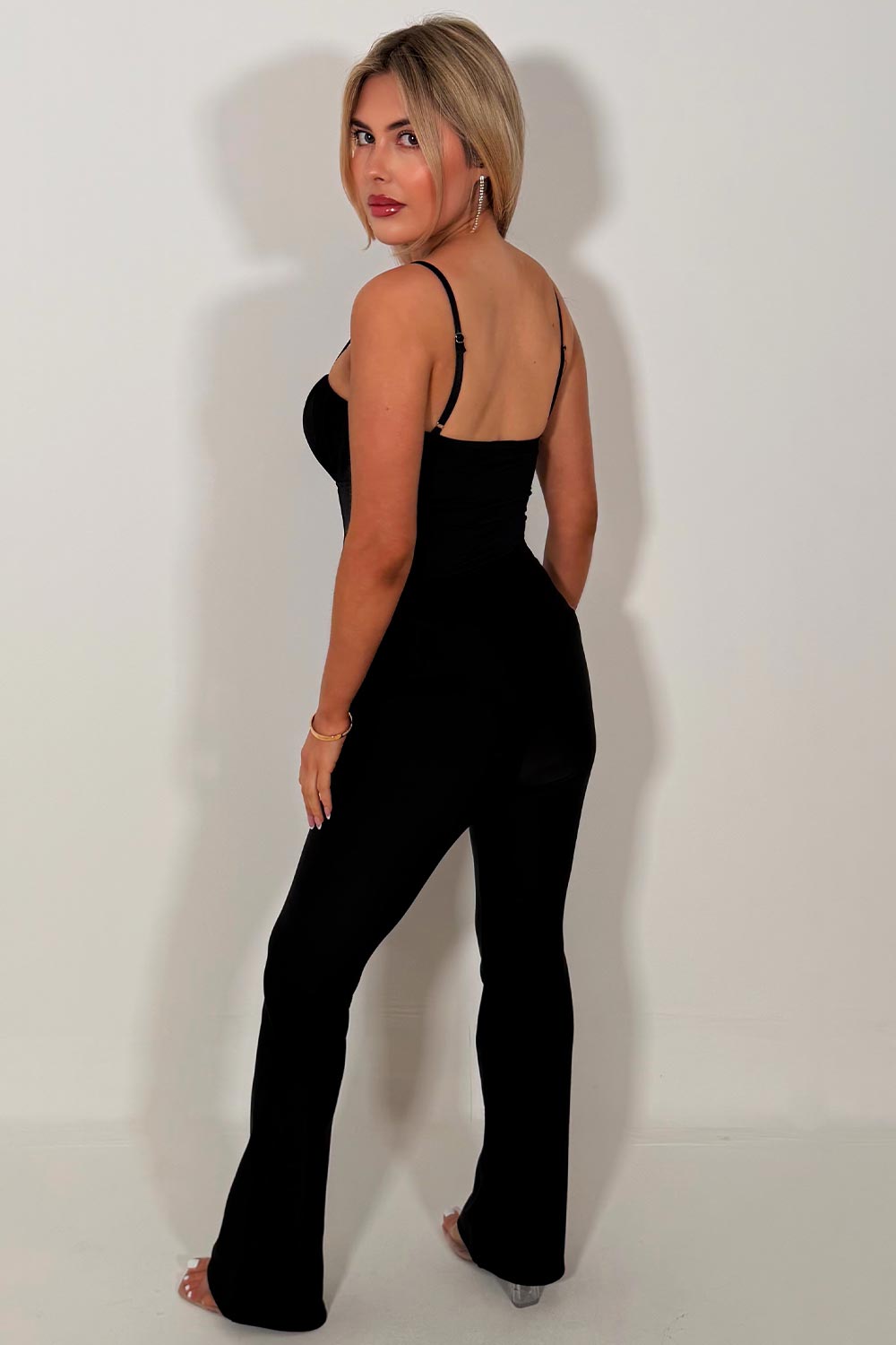 womens black high waist gold buckle trousers