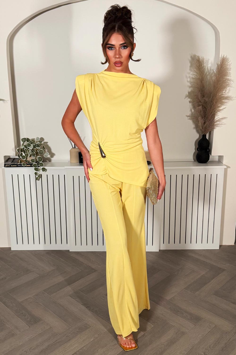 womens wide leg trousers and top two piece co ord going out outfit with shoulder pads styledup