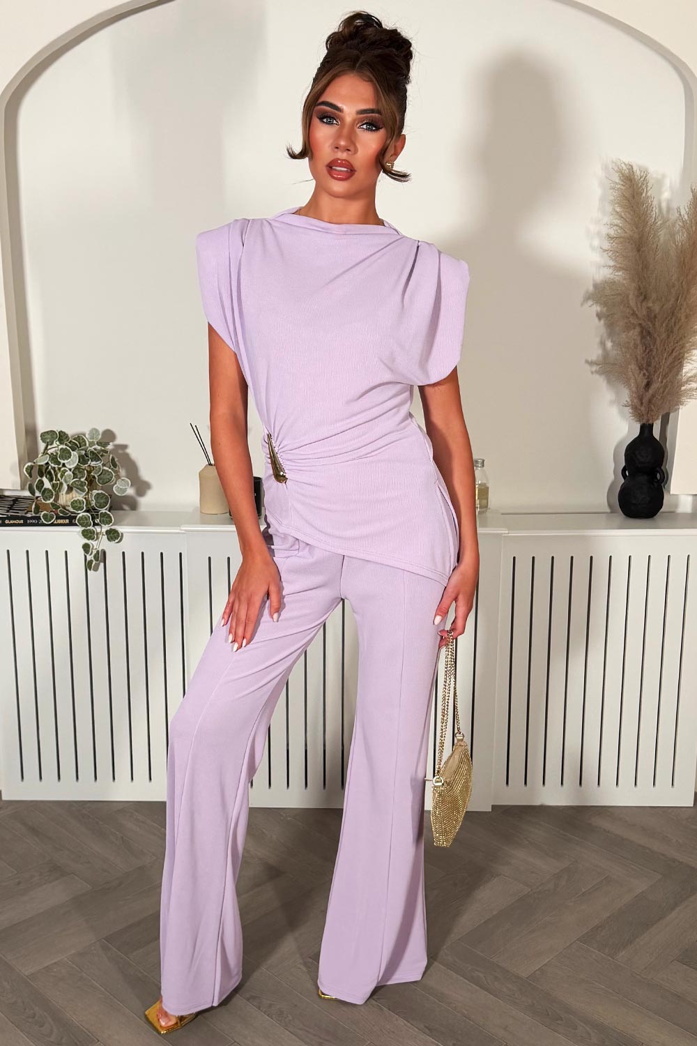 womens wide leg trousers and top two piece co ord going out outfit with shoulder pads styledup