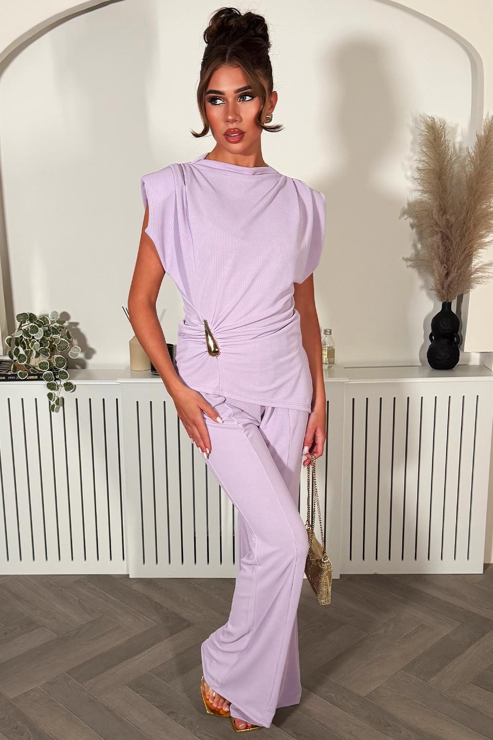 womens wide leg trousers and top with padded shoulders two piece co ord set styledup