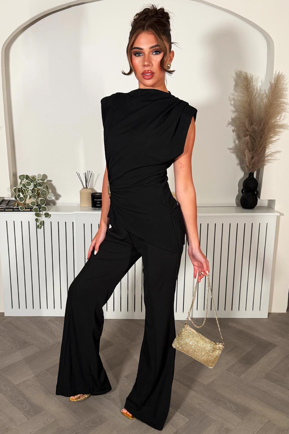 gold buckle padded shoulder sleeveless top and wide leg trousers two piece co ord set going out date night outfit for womens uk styledup