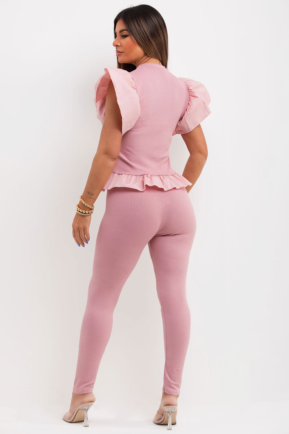 gold button frill ruffle sleeve peplum hem co ord two piece set