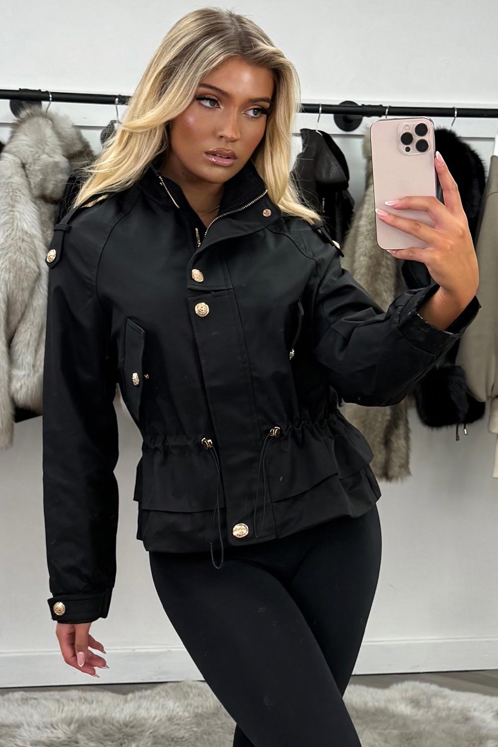 womens black funnel neck jacket with drawstring waist