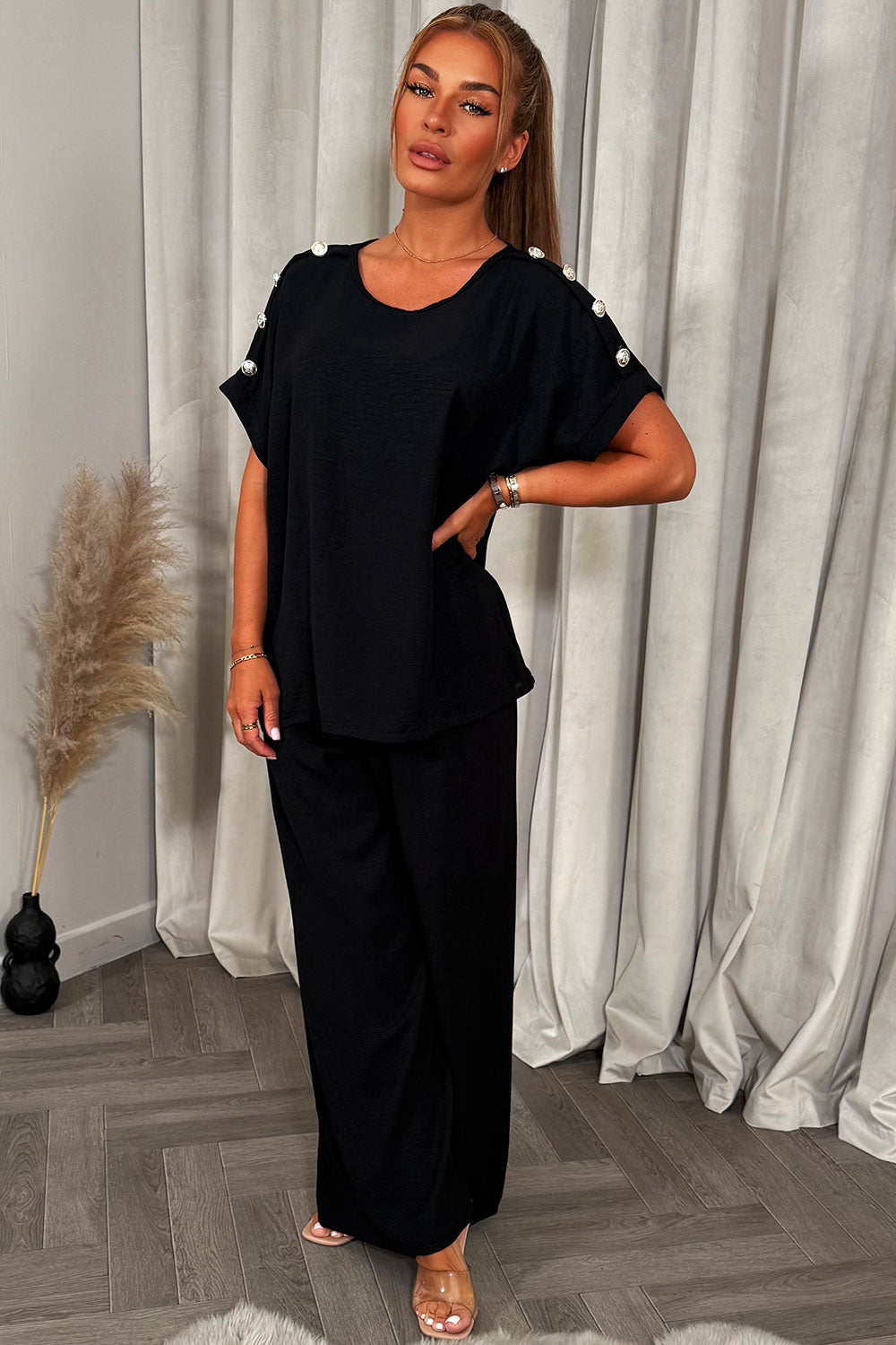 gold button shoulder top and trousers co ord set christmas party outfit