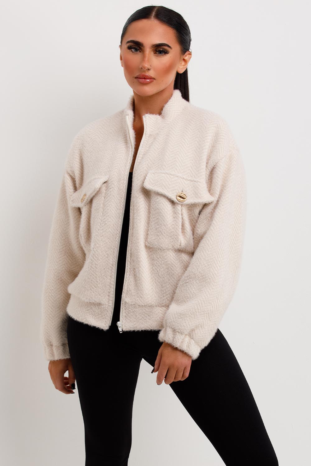 womens textured aviator bomber jacket with pockets zara