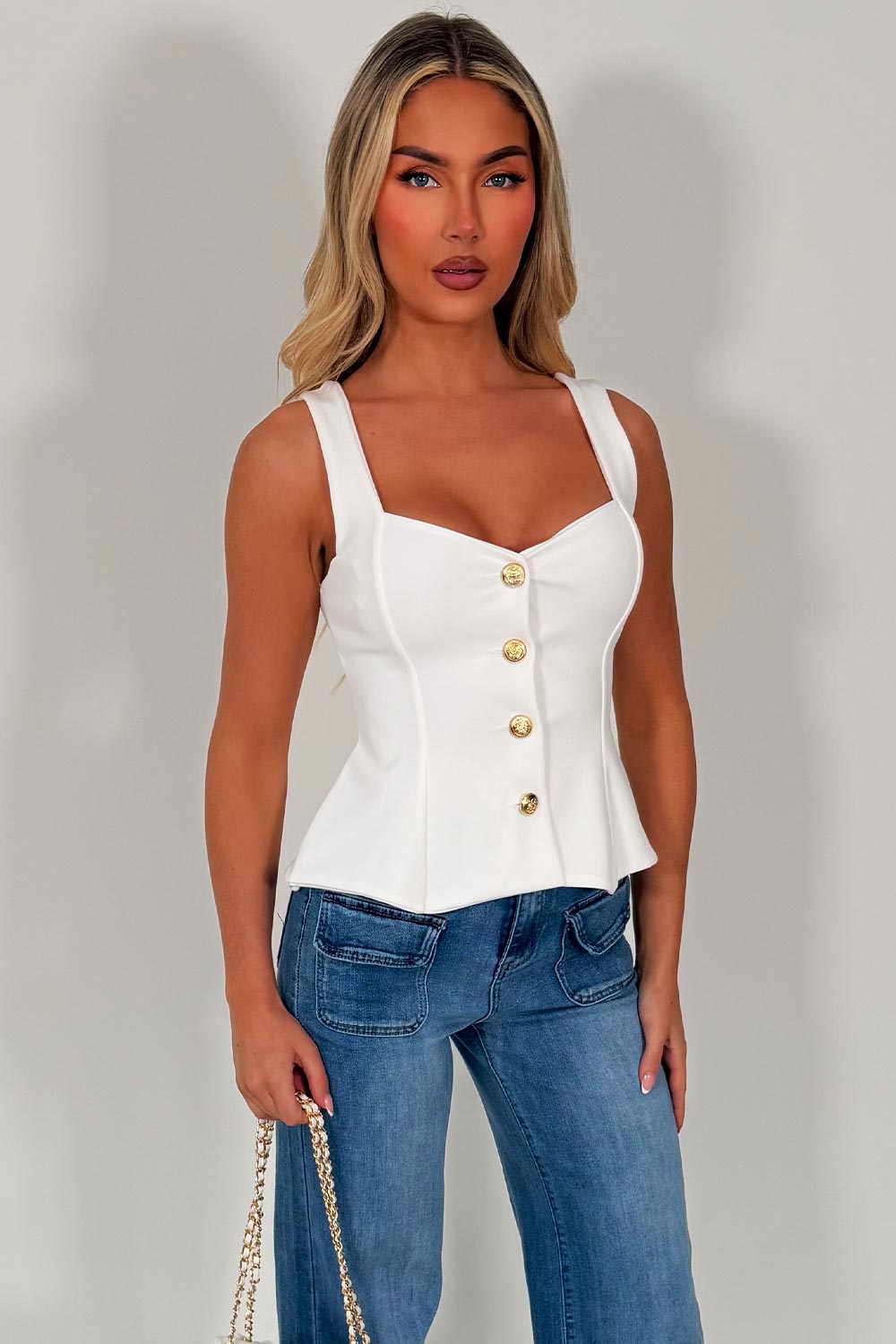 going out peplum top with gold buttons styledup