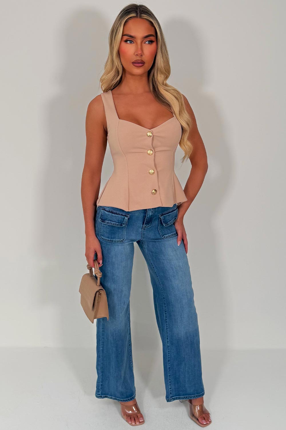 going out gold button peplum hem top styledup