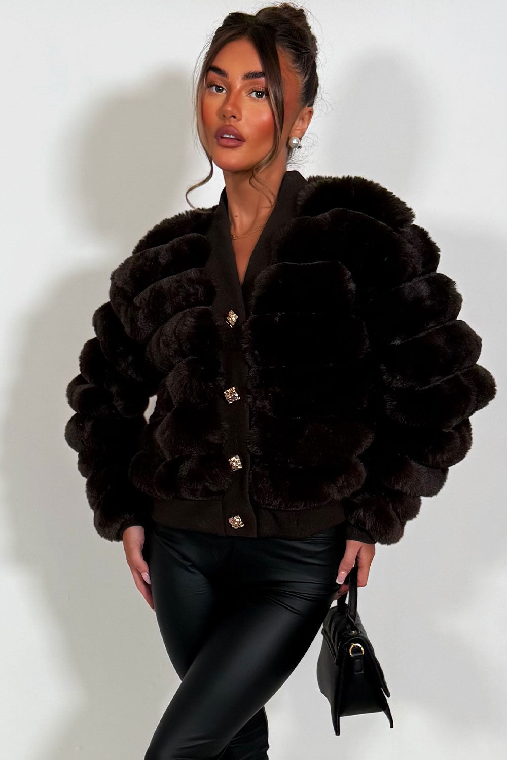 faux fur panel cardigan jumper with gold buttons womens christmas outfit styledup