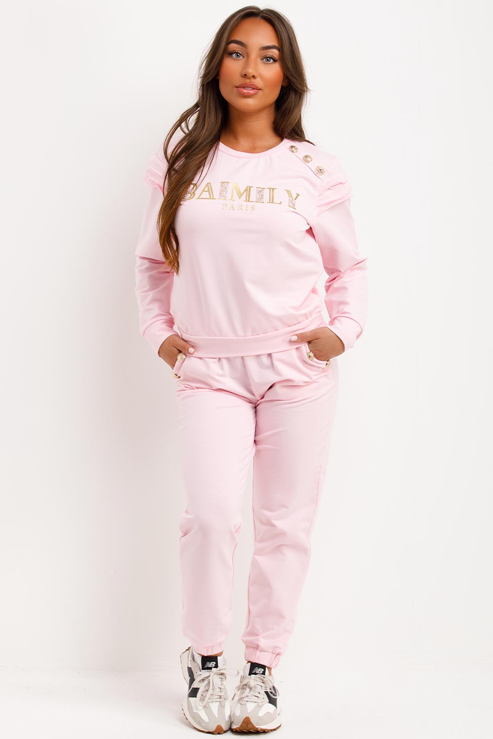 frill shoulder gold button top and trousers tracksuit set airport outfit