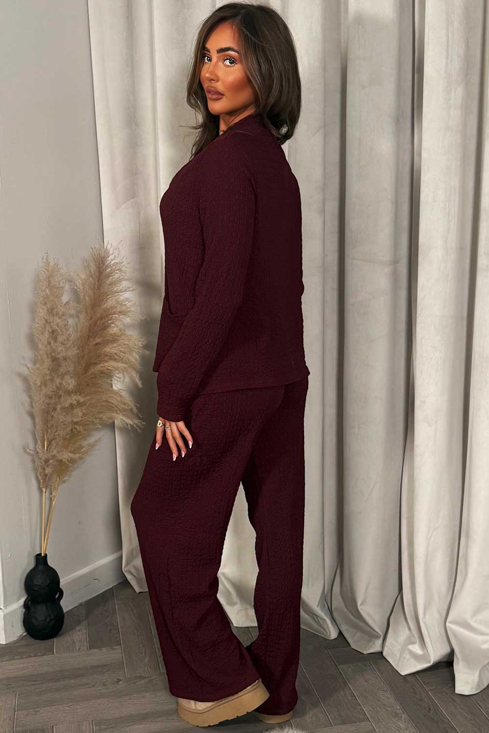 big gold button long sleeve textured top and trousers two piece co ord set burgundy