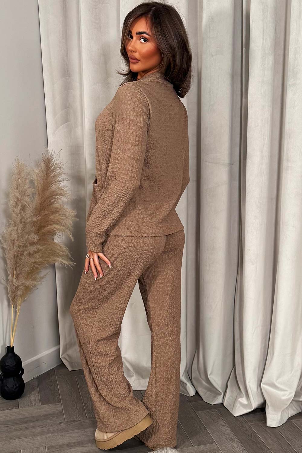 big gold button long sleeve textured top and trousers two piece co ord set stone