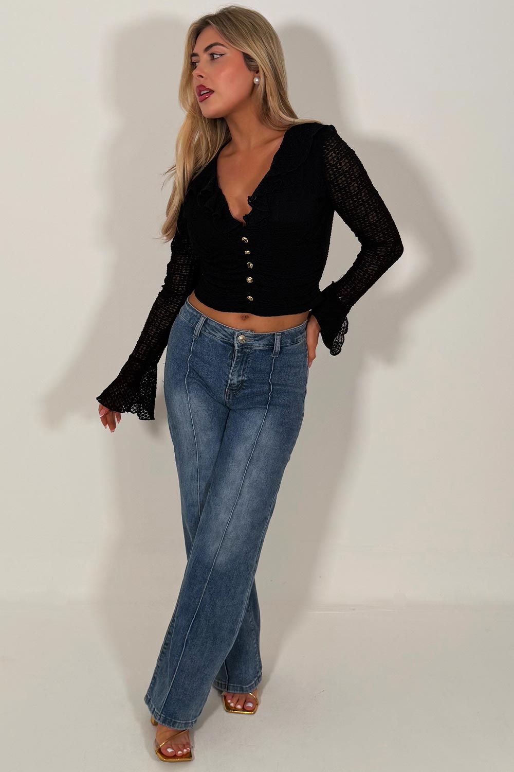 womens long sleeve summer holiday festival top with ruffle frilly hem gold buttons styledup fashion uk