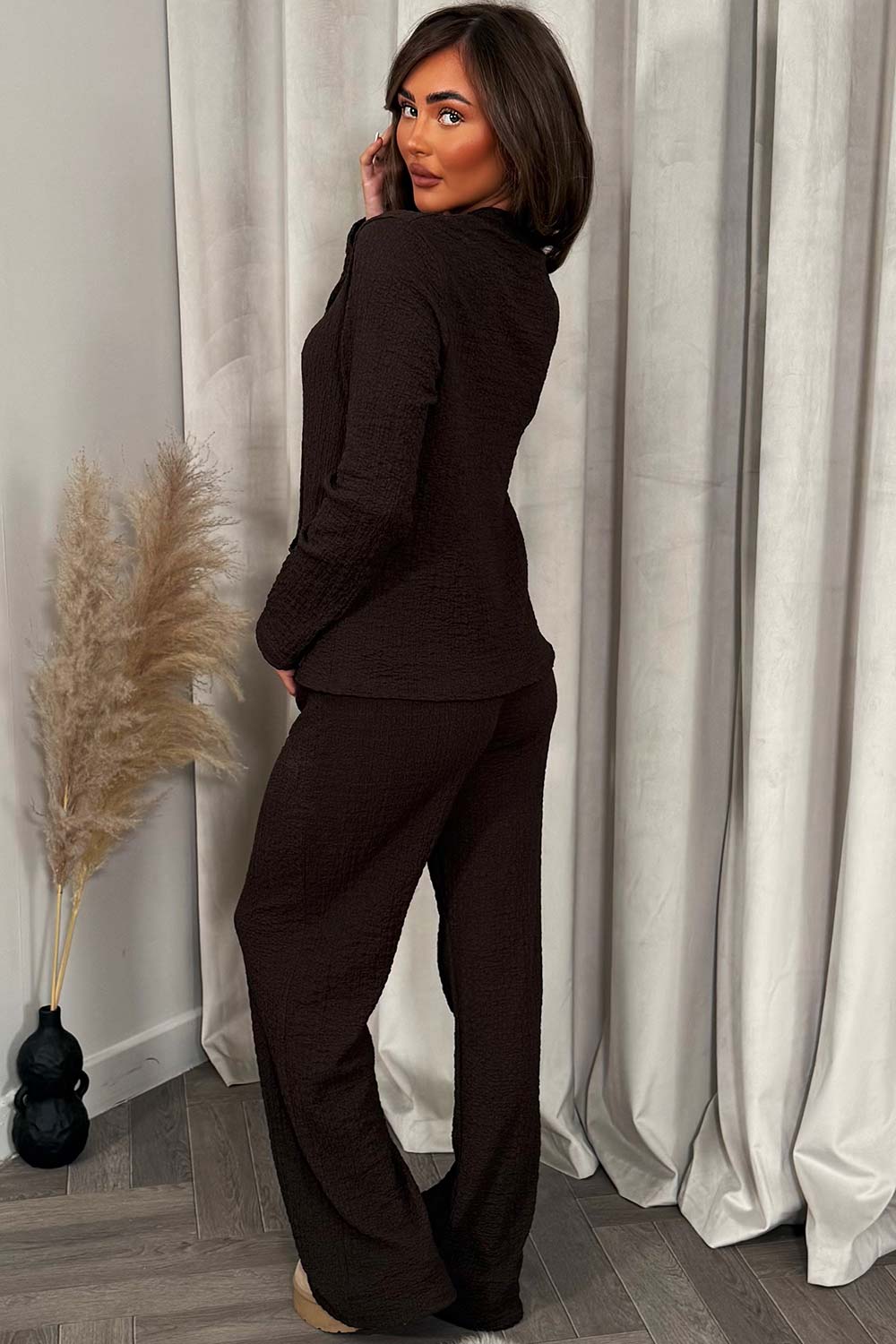 womens gold button long sleeve top and trousers two piece co ord set brown styledup fashion