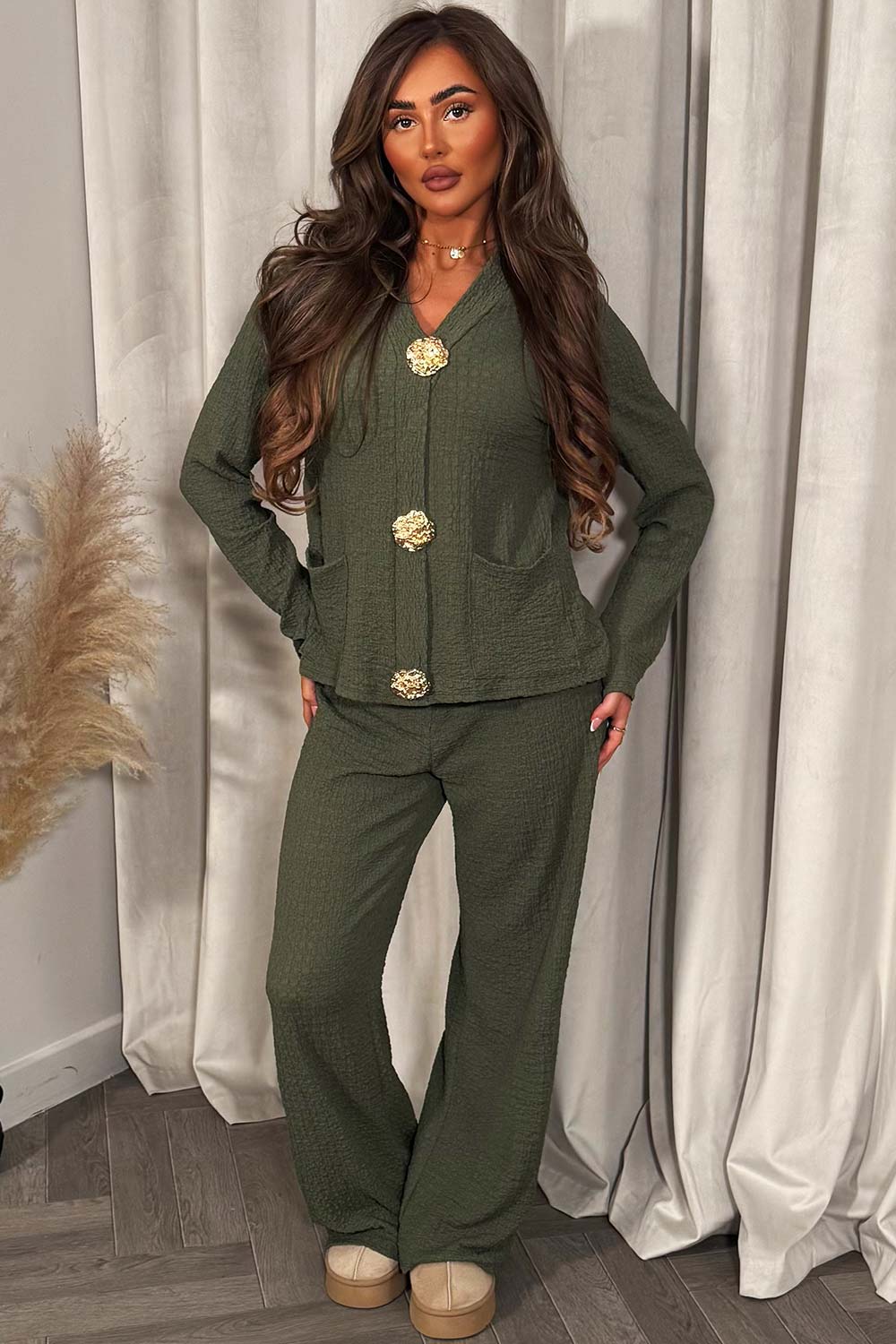 womens gold button long sleeve top and trousers two piece co ord set khaki styledup fashion