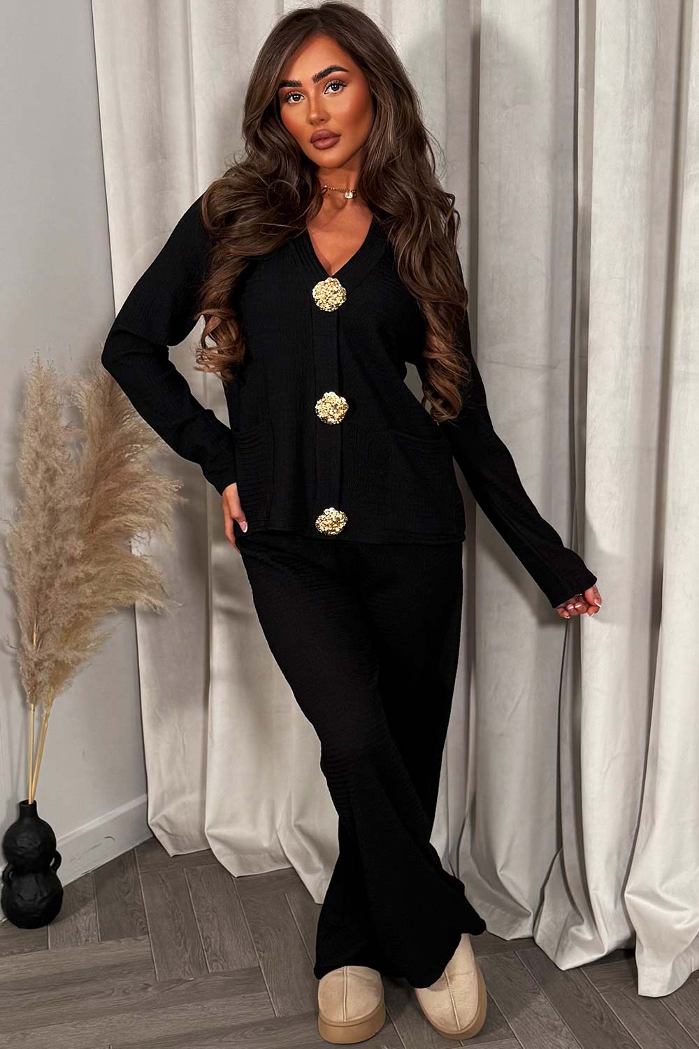 long sleeve cheesecloth top with gold button and pockets with matching trousers two piece co ord set styledup fashion