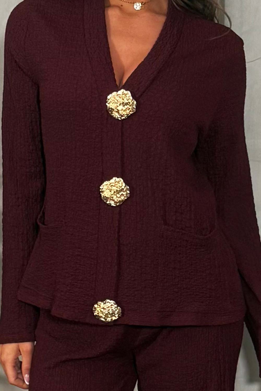 gold button top and trousers two piece co ord set styledup outfits