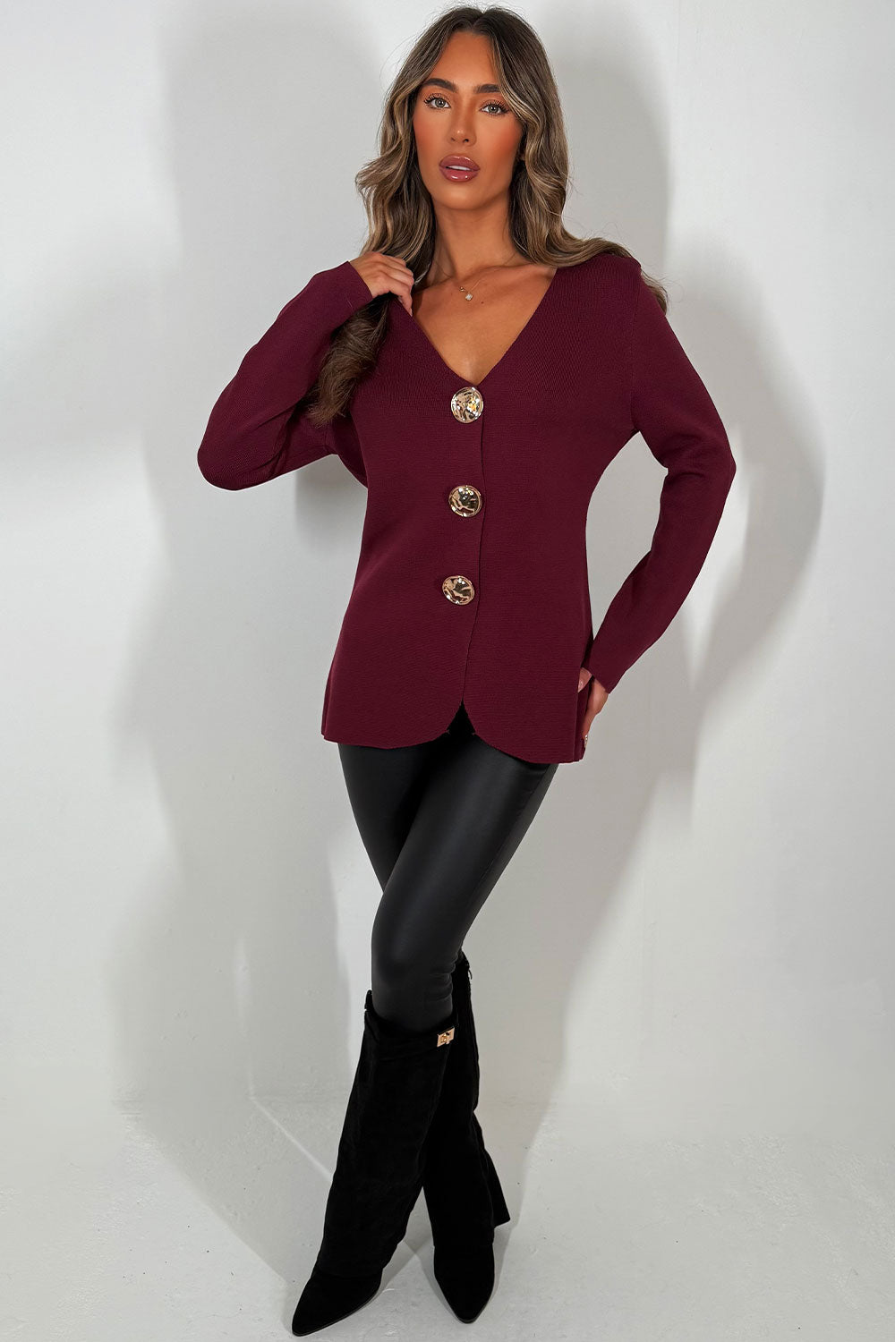 womens long sleeve knitted jumper with gold buttons styledup