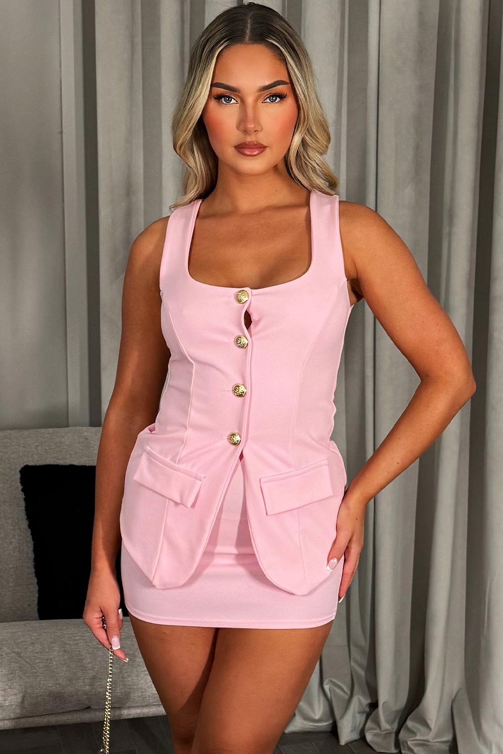 womens mini skirt and waistcoat with gold buttons two piece outfit set night out outfit