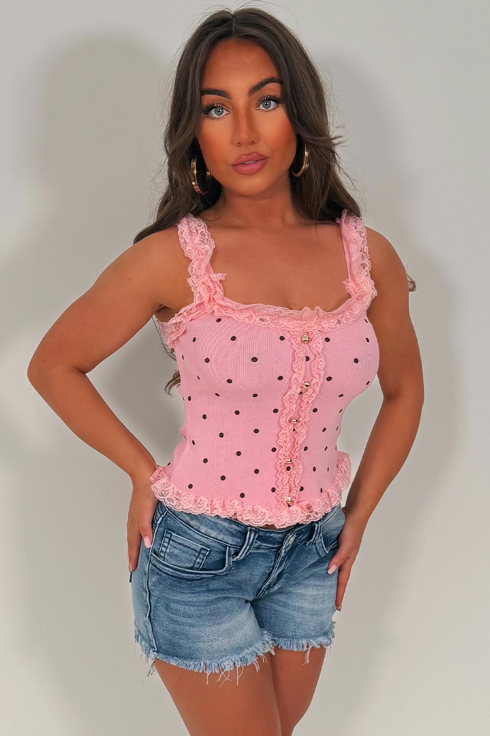 polka dot top with lace trim and gold buttons going out summer festival outfit styledup white fox uk