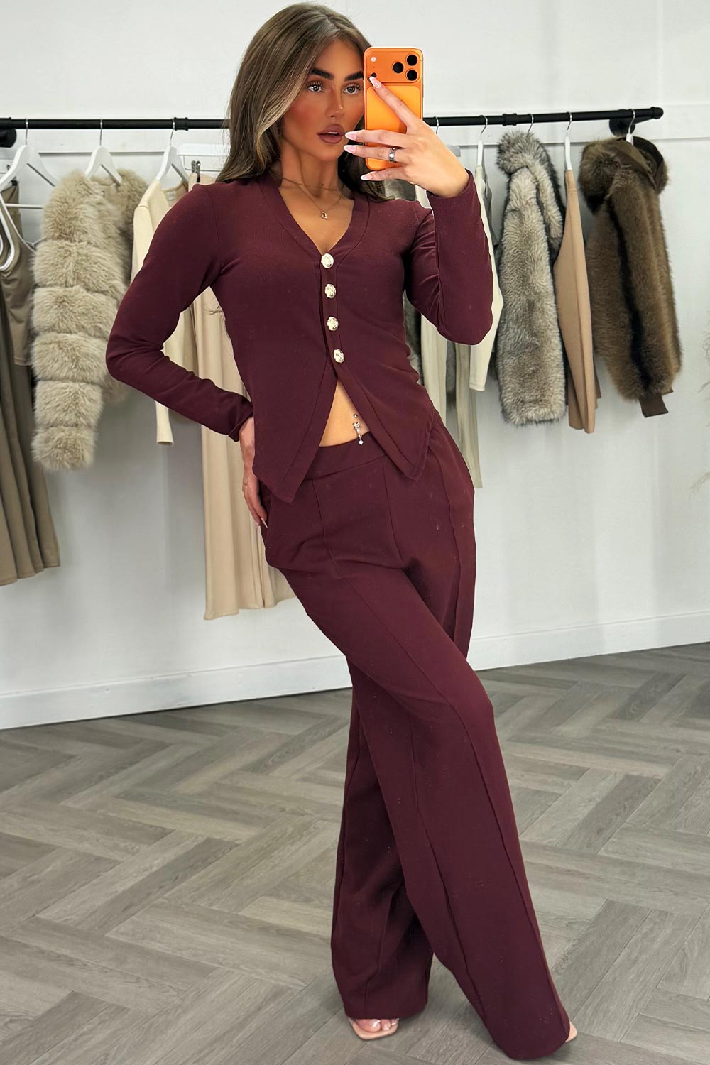 zara womens gold button long sleeve top and wide leg trousers co ord set christmas outfit styledup uk sale