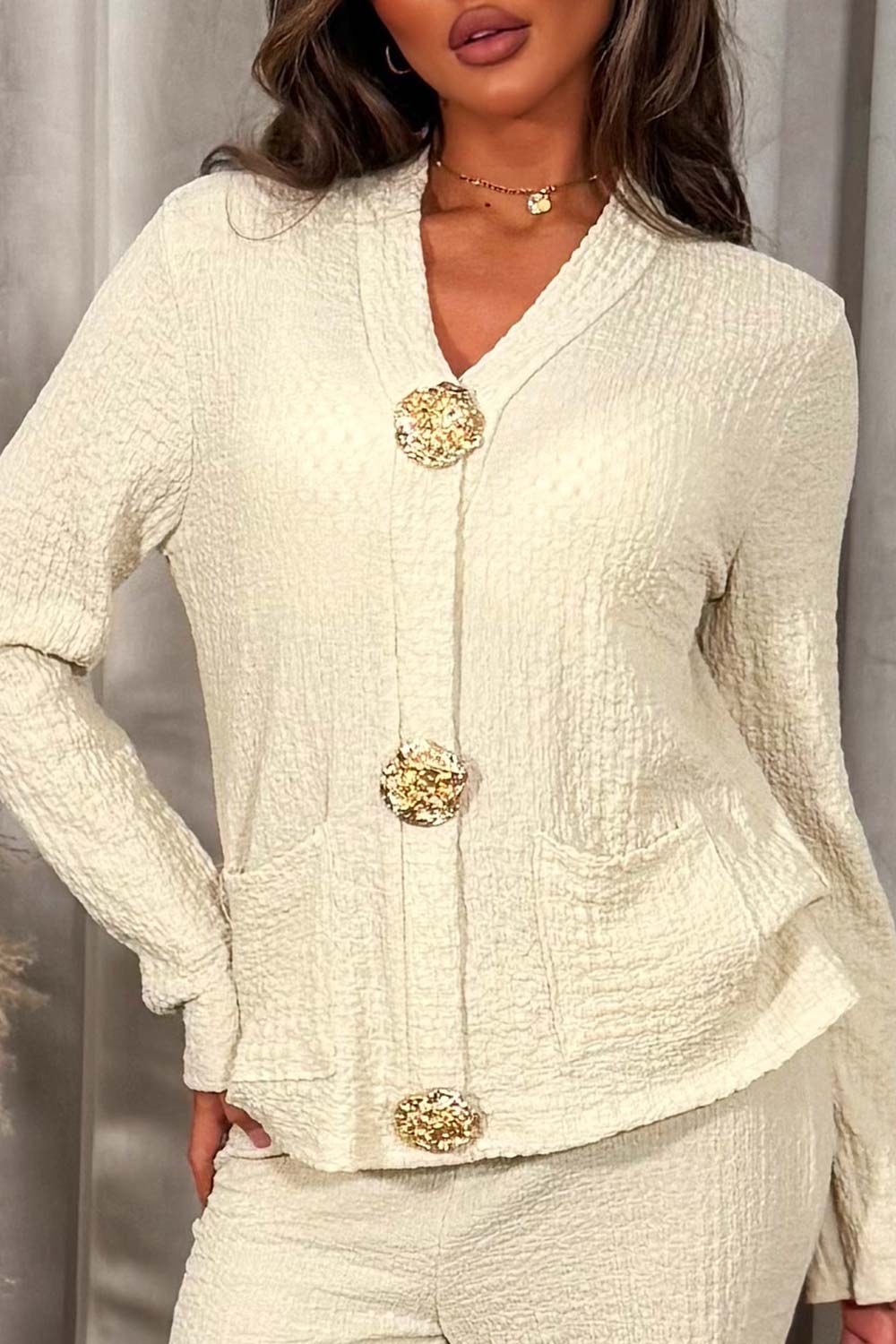 gold button top and trousers two piece co ord set styledup outfits