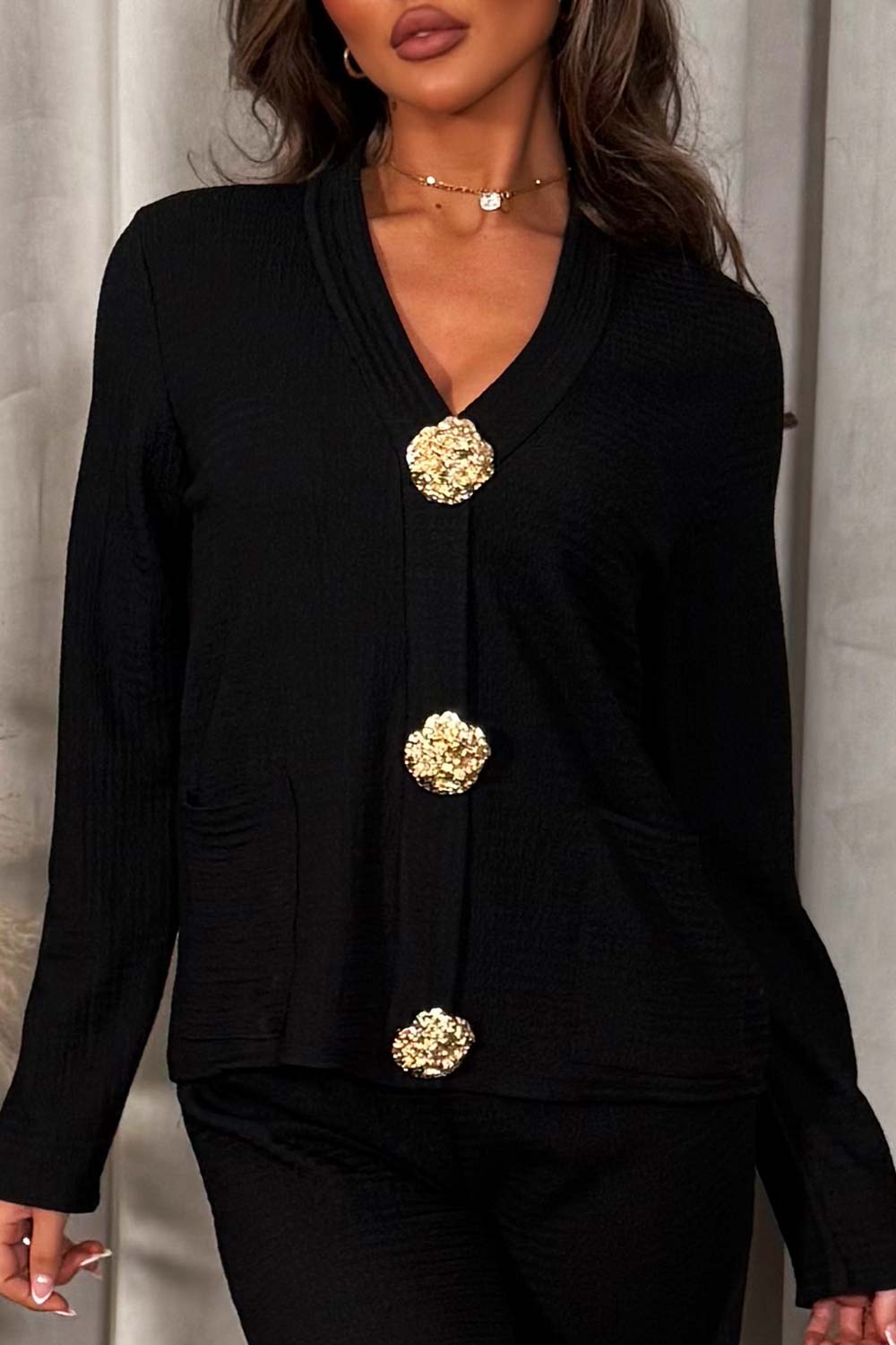 gold button top and trousers two piece co ord set styledup outfits