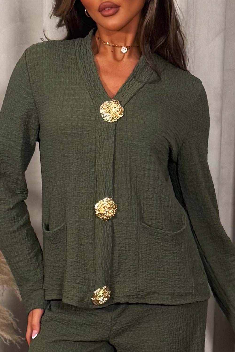 gold button top and trousers two piece co ord set styledup outfits