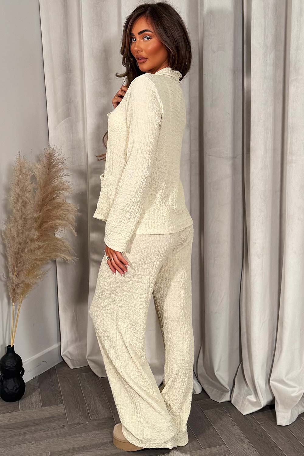 long sleeve cheesecloth top with gold button and pockets with matching trousers two piece co ord set styledup fashion