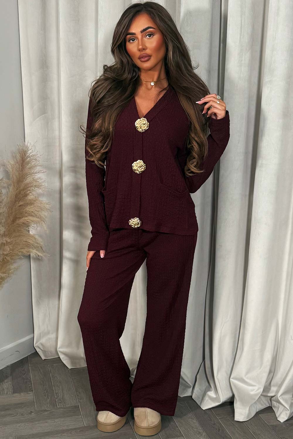 gold button long sleeve top and trousers two piece co ord set going out occasion party outfit for womens styledup uk