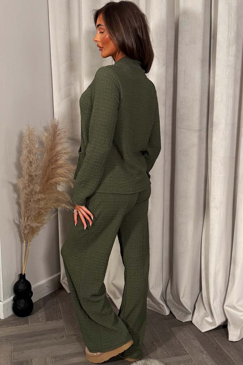 big gold button long sleeve textured top and trousers two piece co ord set khaki