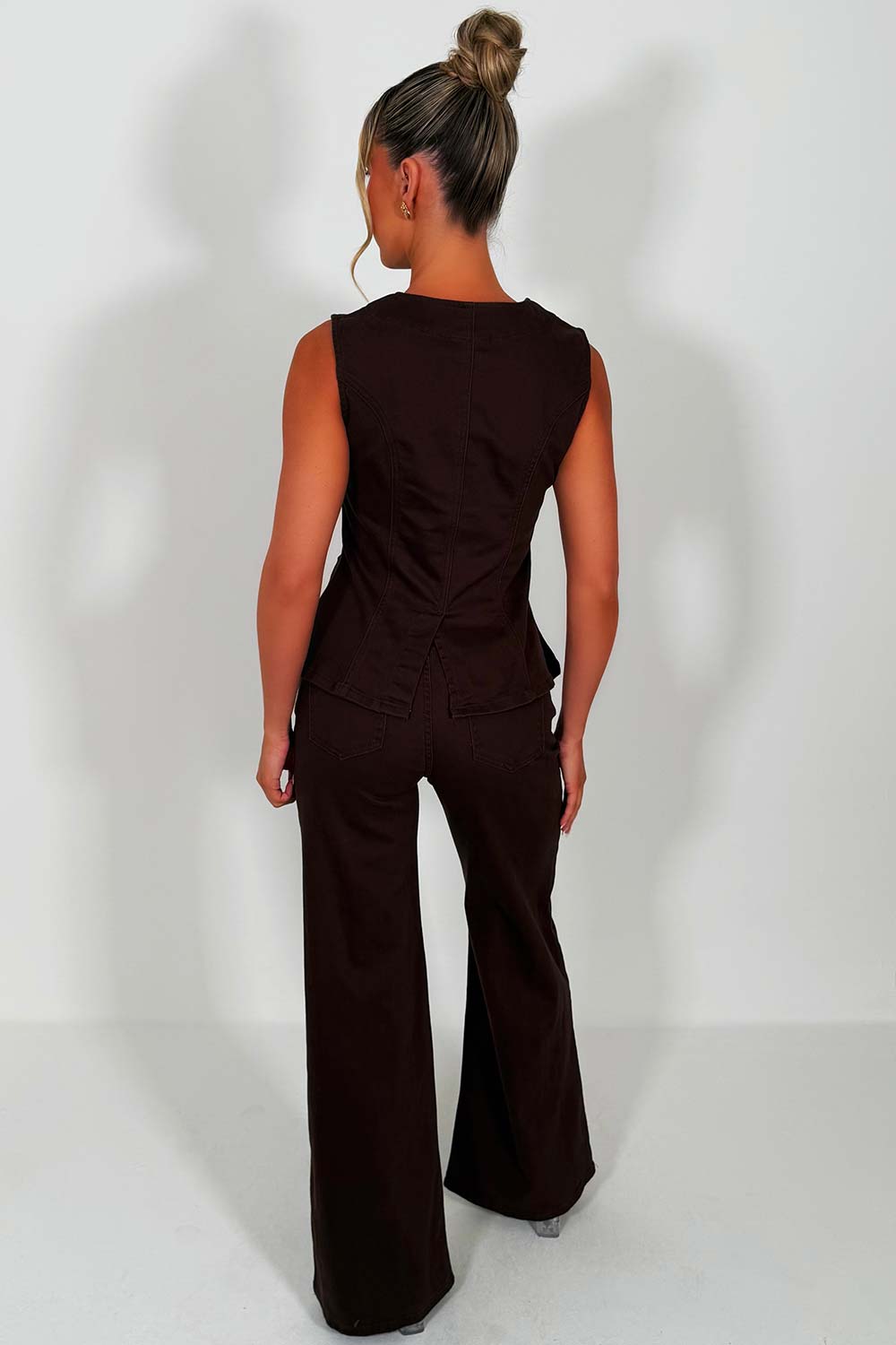 denim waistcoat and jeans two piece matching co ord set brown styledup uk