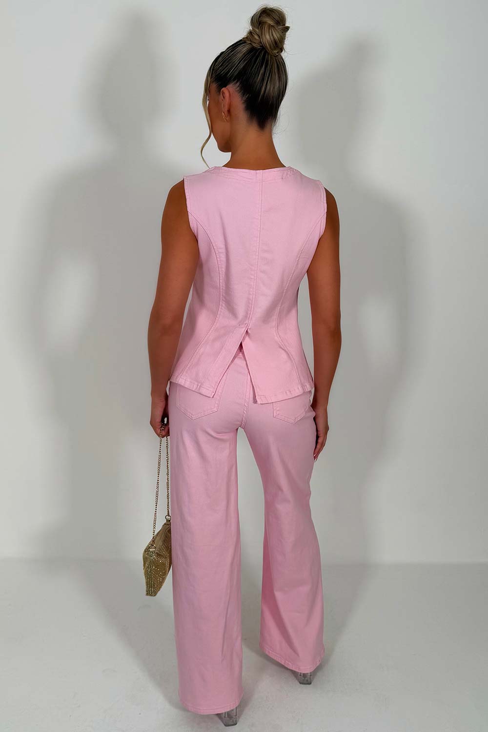 denim waistcoat and jeans two piece matching co ord set pink styledup uk