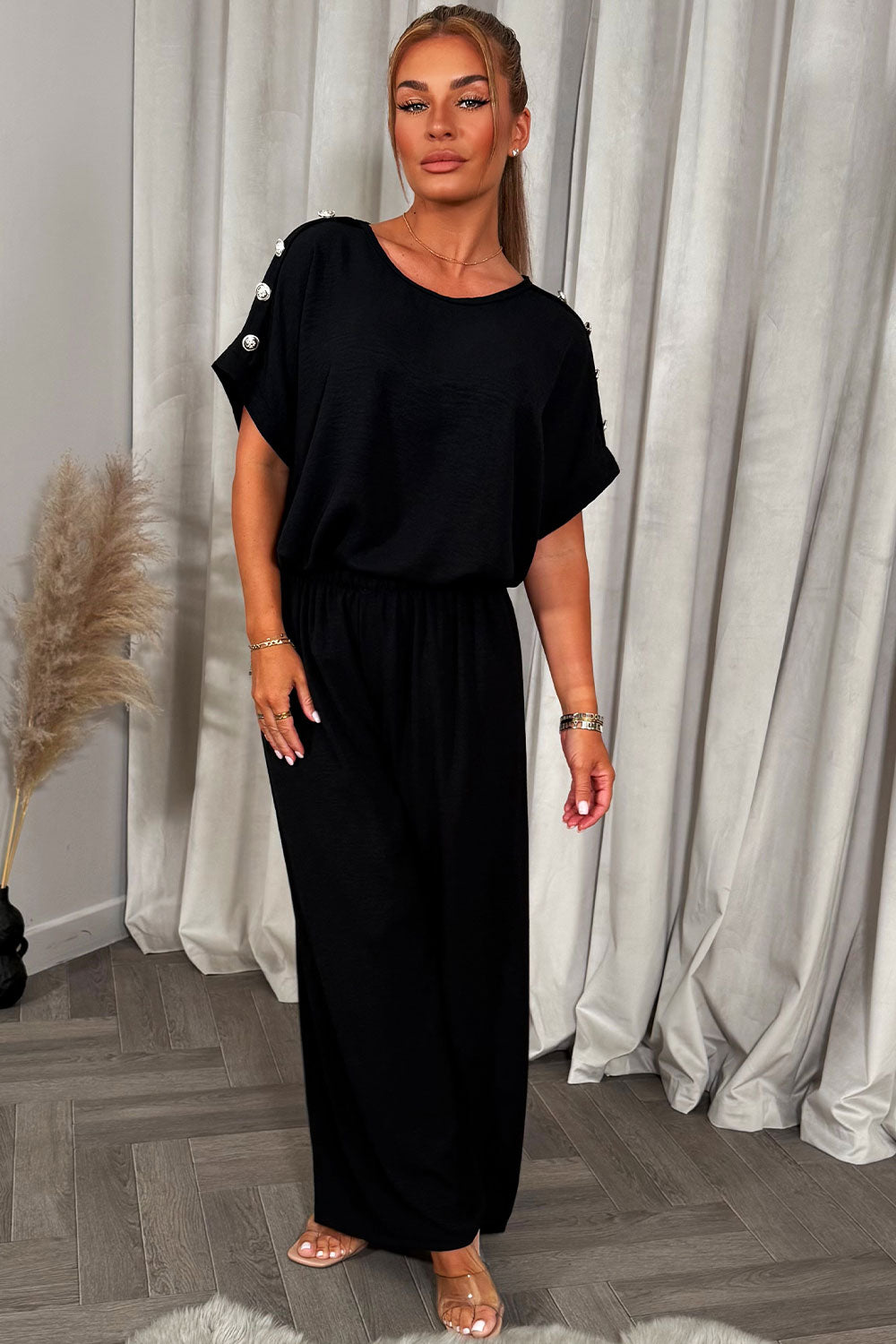 womens christmas party outfit top with gold button shoulder and matching trousers two piece co ord set