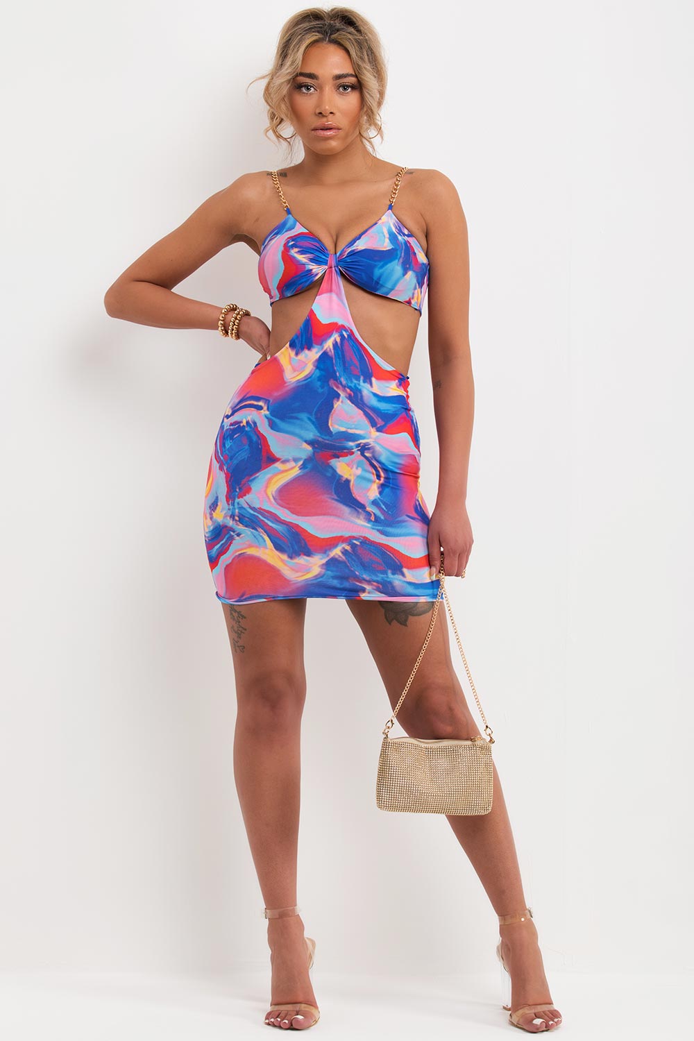 gold chain strap marble print cupped short bodycon dress