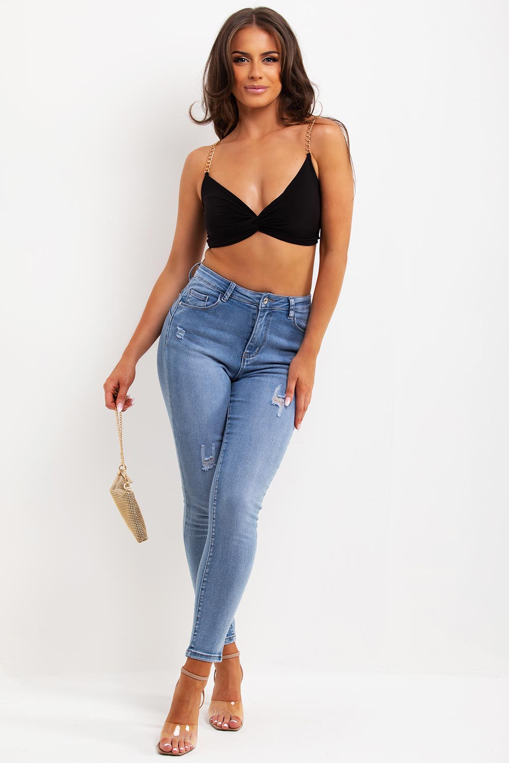 twist front festival crop top with gold chains