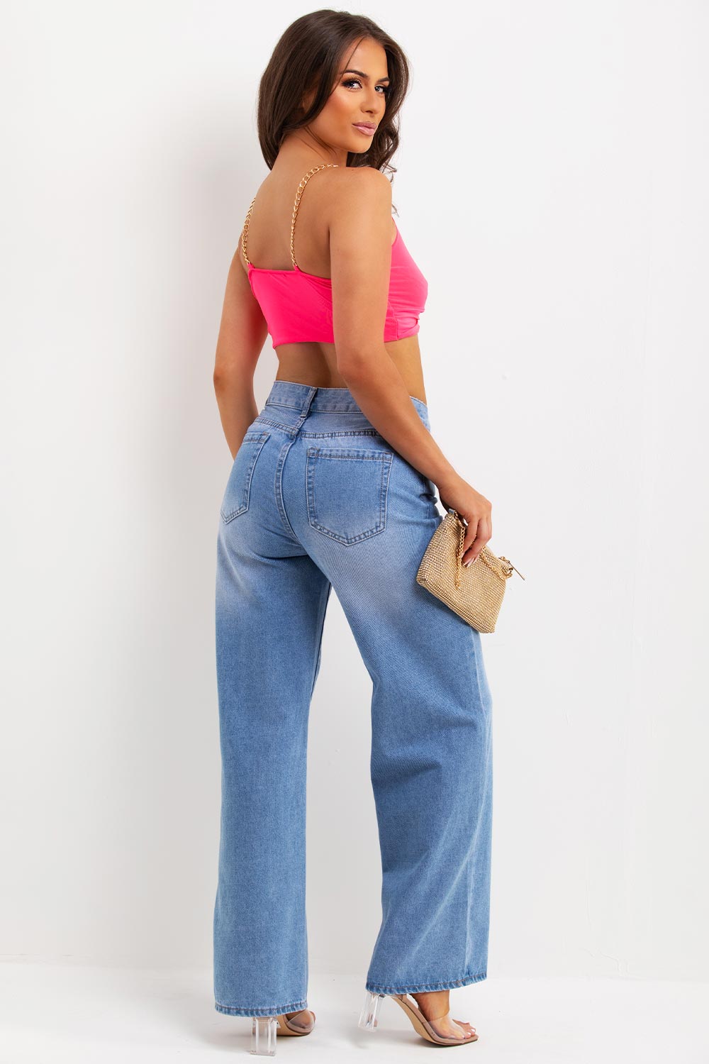 gold chain twist front crop top neon pink