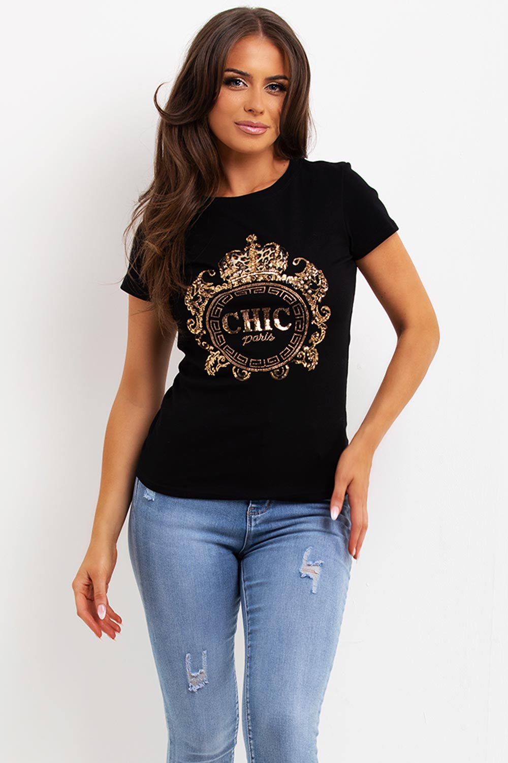 gold sequin chic paris embellishment t shirt black