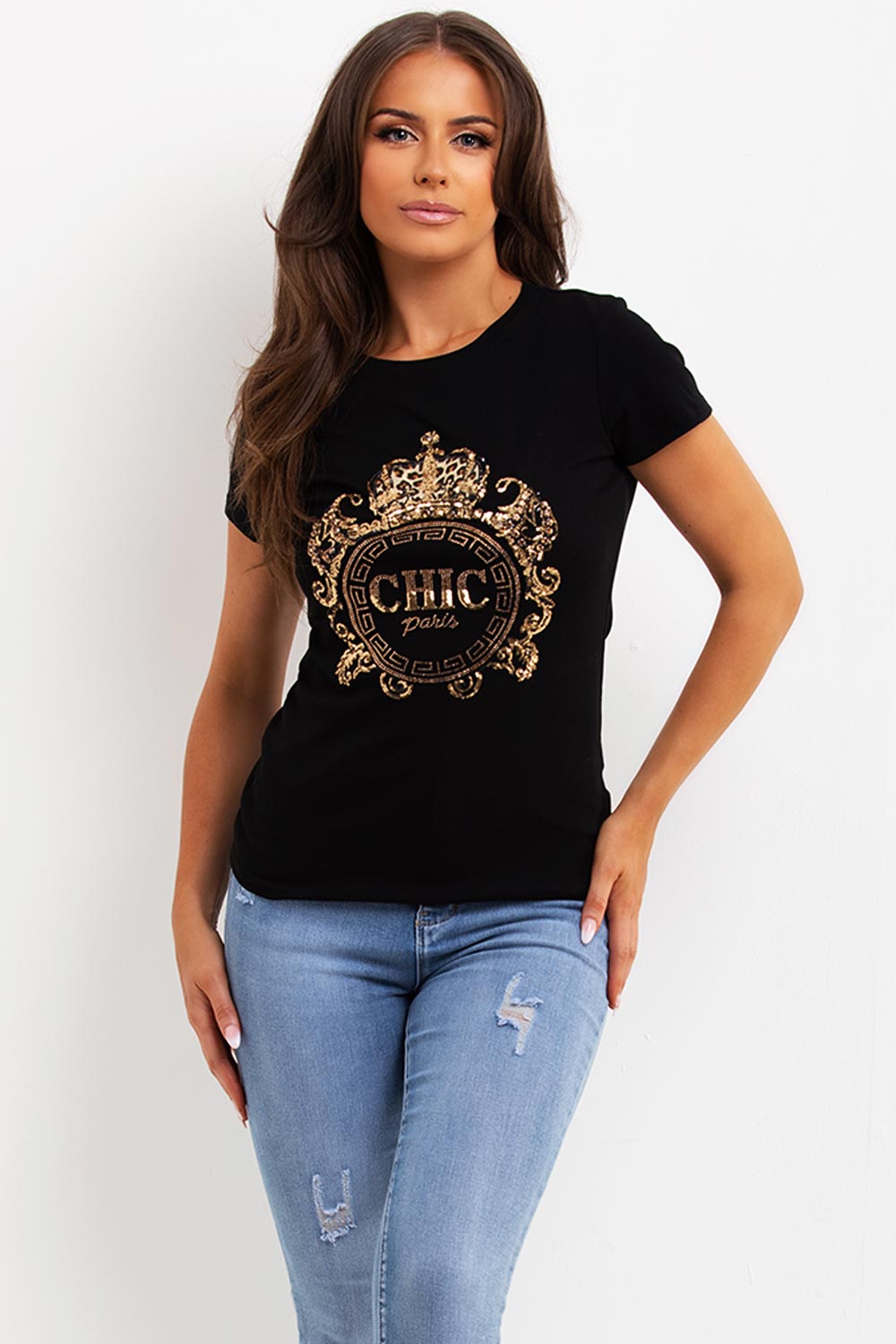 gold sequin chic paris t shirt with sparkly embroidery