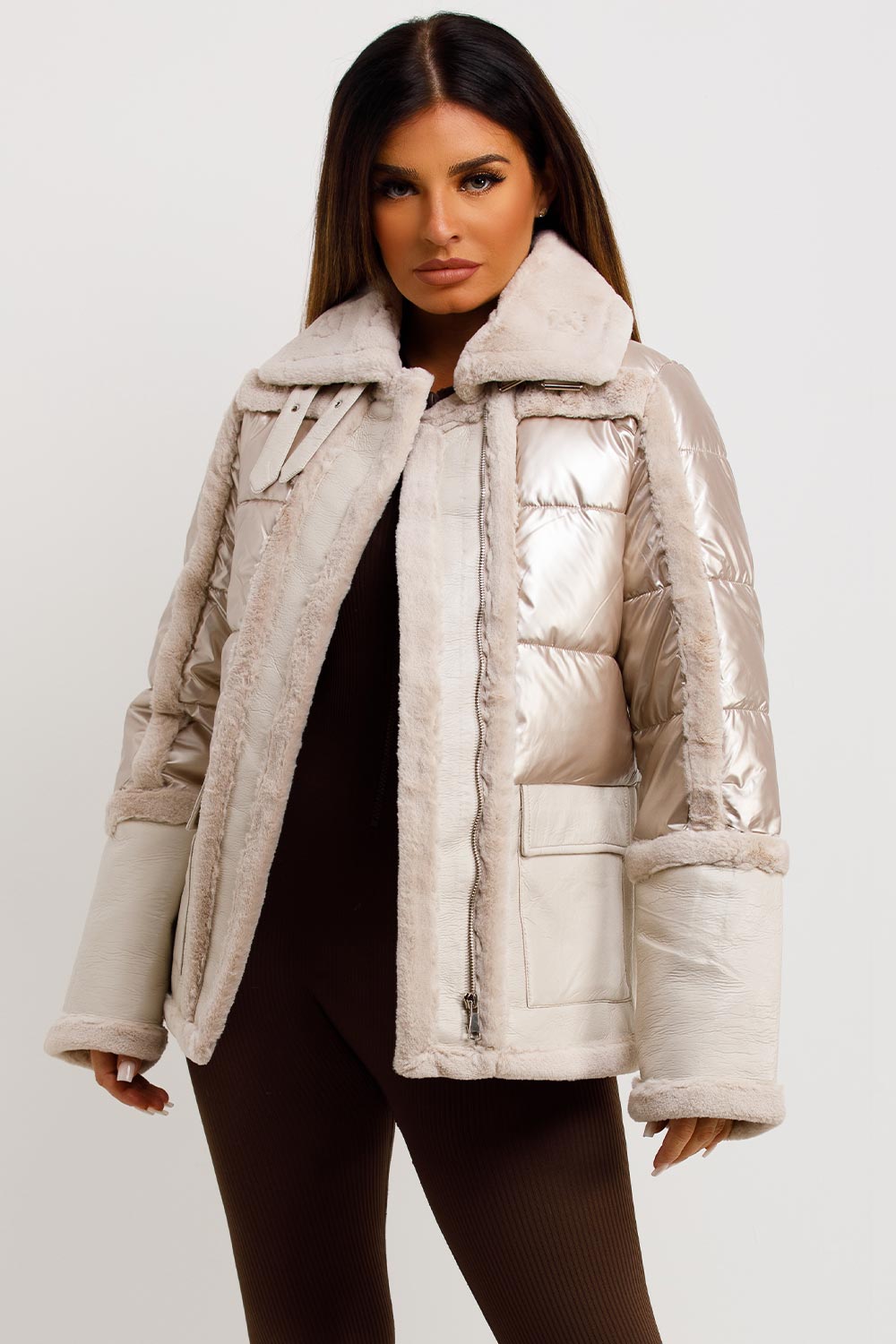 faux fur faux suede shiny padded jacket womens outerwear