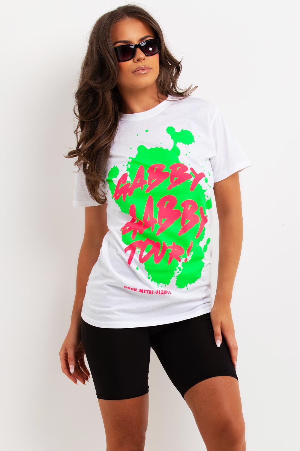 womens white t shirt with gabby gabby neon graphic print