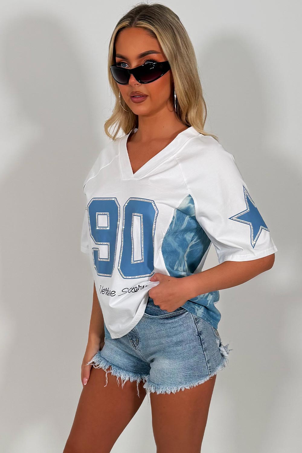 football jersey top with diamanties festival rave clothes styledup white fox uk