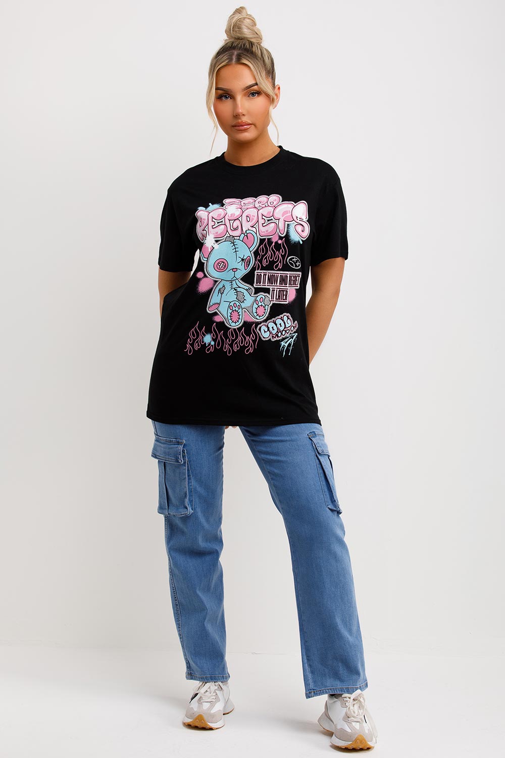 teddy bear zero regrets slogan black oversized t shirt womens