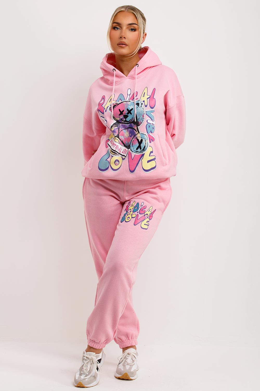 womens hoodie and joggers tracksuit lounge set with teddy bear radical graphic print