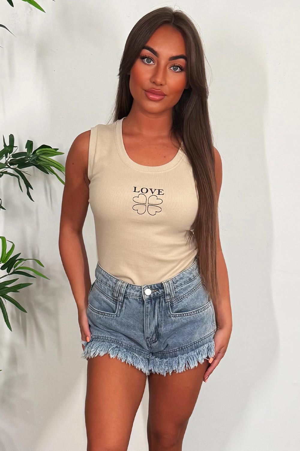 womens rib vest top with love slogan