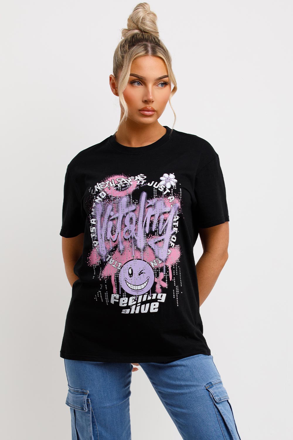 womens black graphic print t shirt oversized