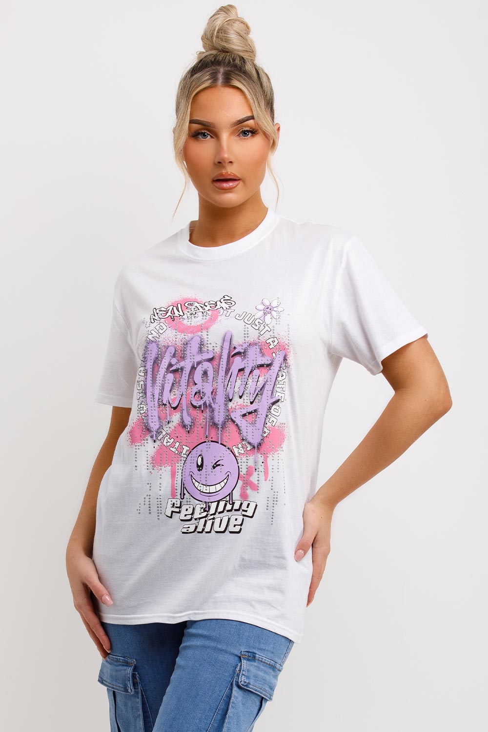 womens white t shirt vitality feeling alive graphics