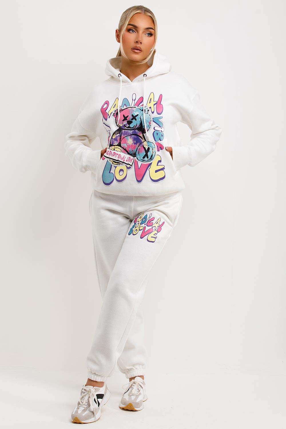 womens hoodie and joggers co ord set with radical teddy graphic print