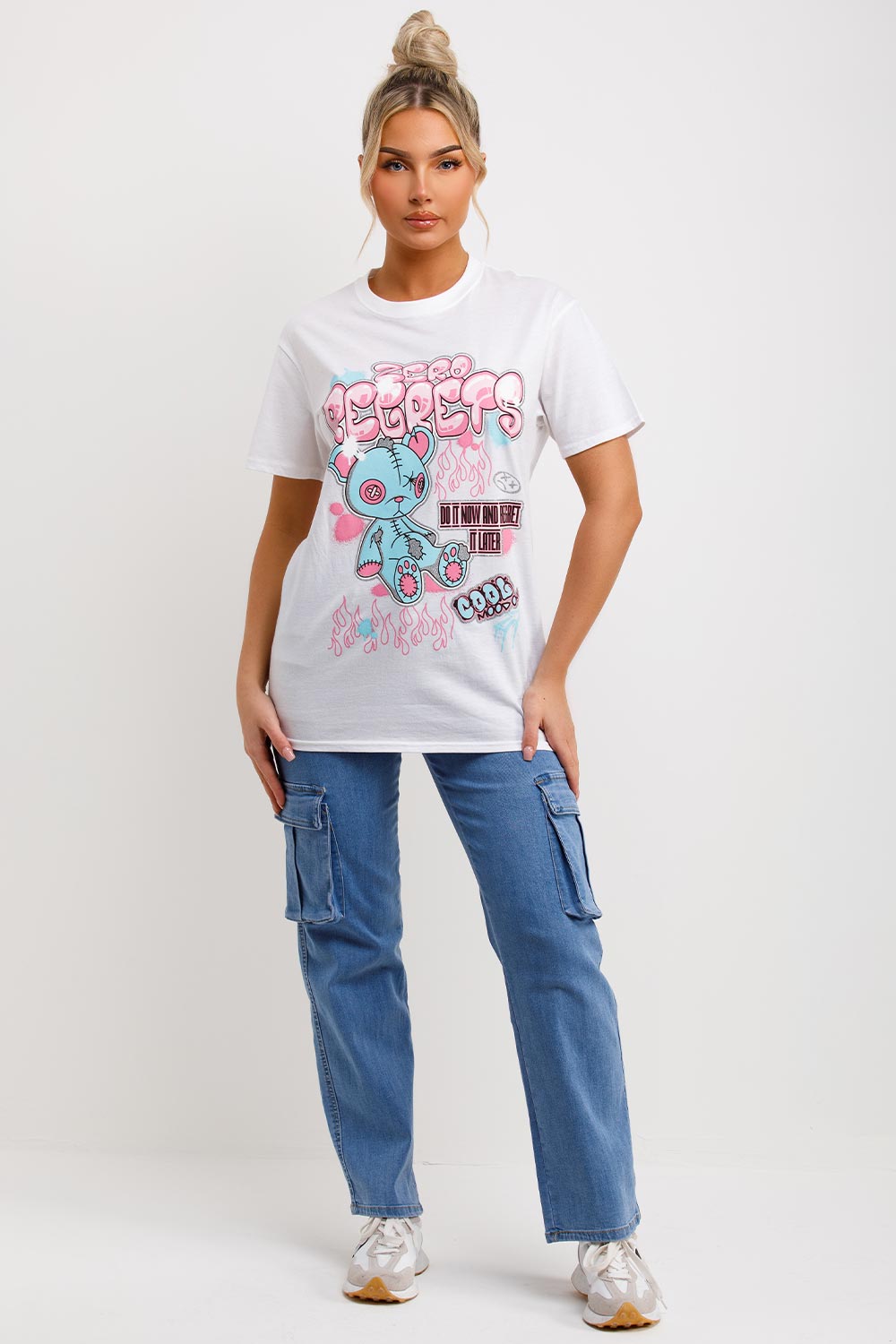 womens white t shirt with teddy bear zero regrets slogan