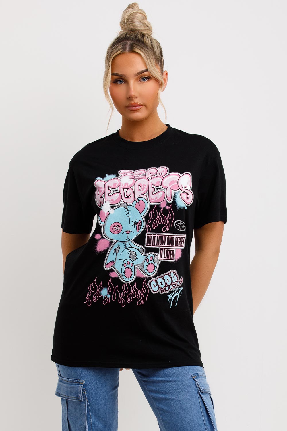 teddy bear zero regrets slogan oversized t shirt black